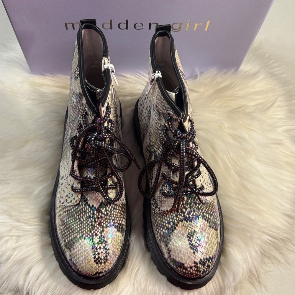 Madden Girl Snakeskin Iridescent Combat Boots